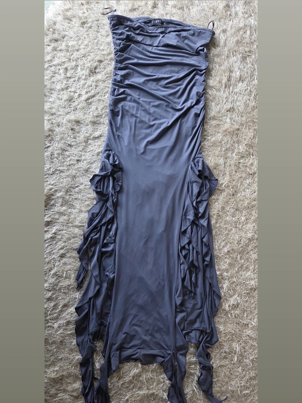 Lioness Muted Blue Ruched Maxi Dress with Side Slit And Ruffles M